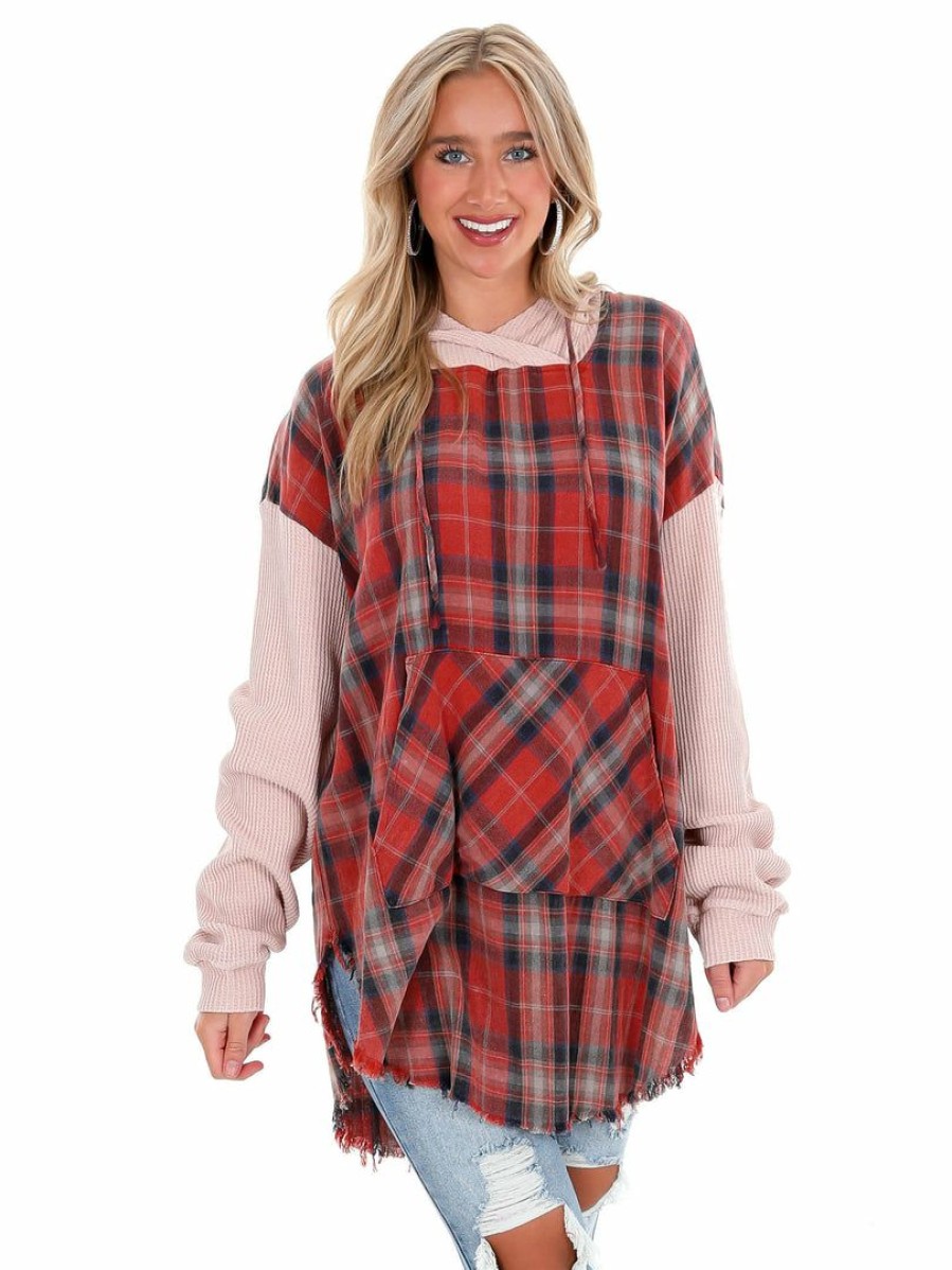 Clothing * | Brand New Oli & Hali Fade Away Long Plaid Hoodie Strawberry