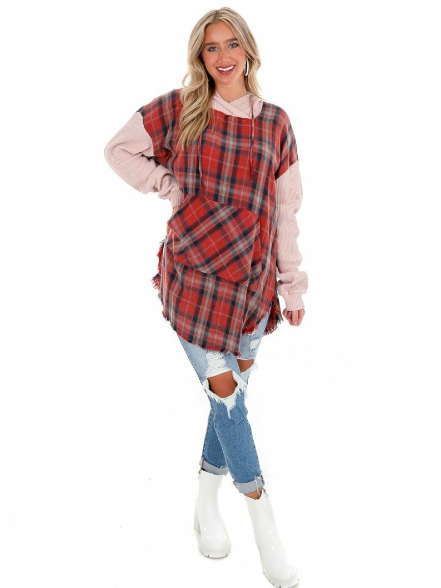 Clothing * | Brand New Oli & Hali Fade Away Long Plaid Hoodie Strawberry