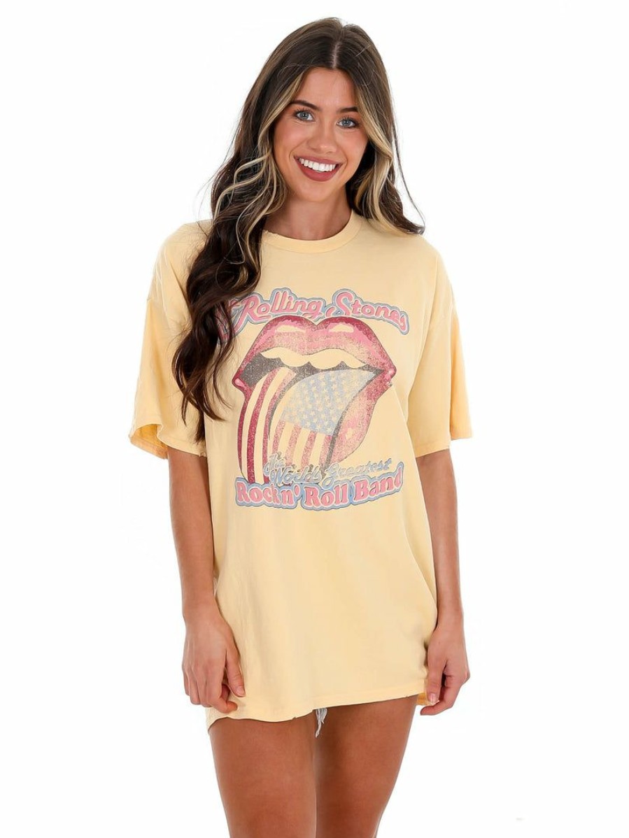 T-Shirts * | Best Pirce Livy Lu Rolling Stones World'S Greatest Band Thrifted Tee T-Shirts Yellow