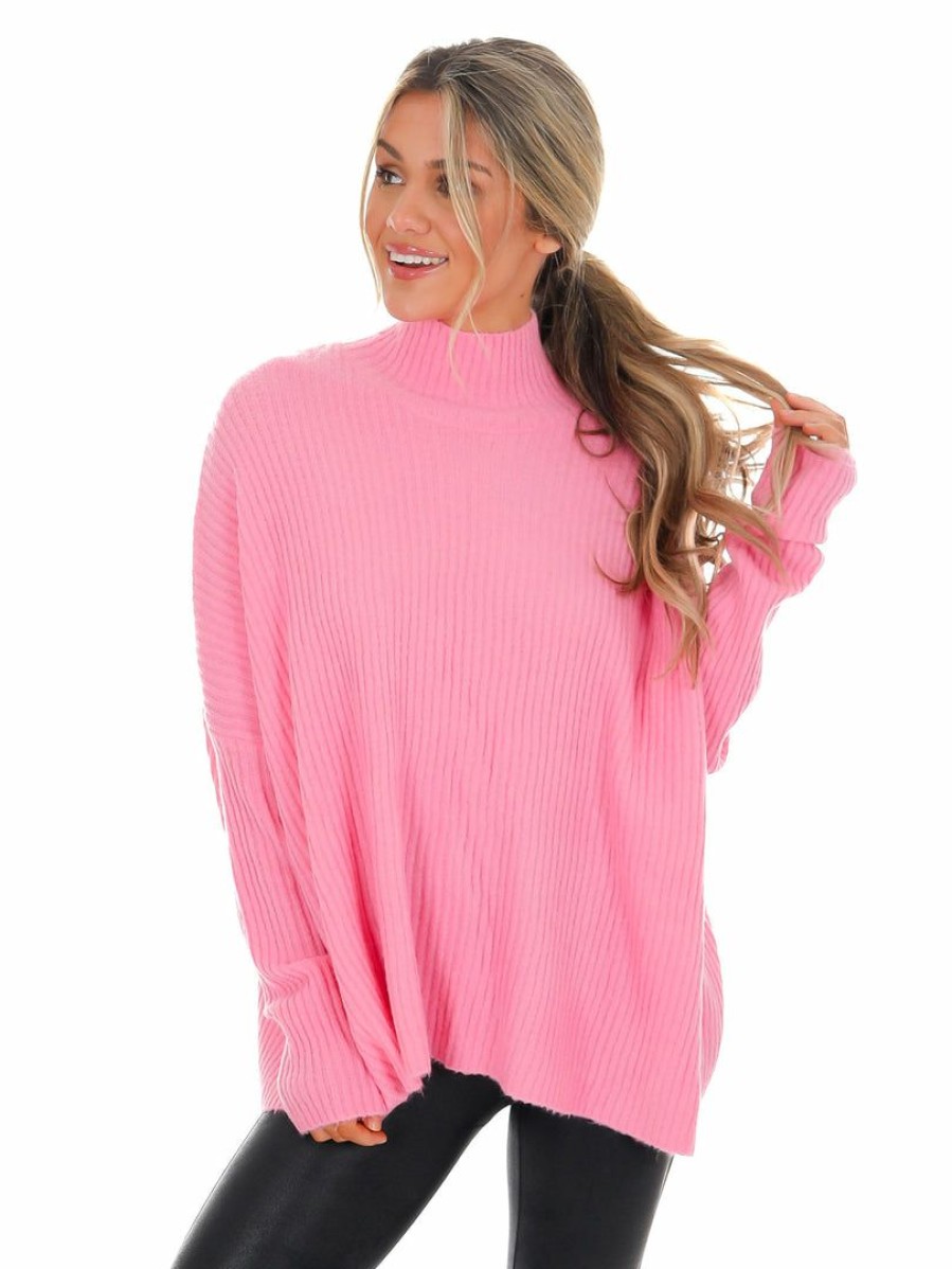 Clothing * | Flash Sale Easel Midnight Rain Mock Neck Sweater Pink