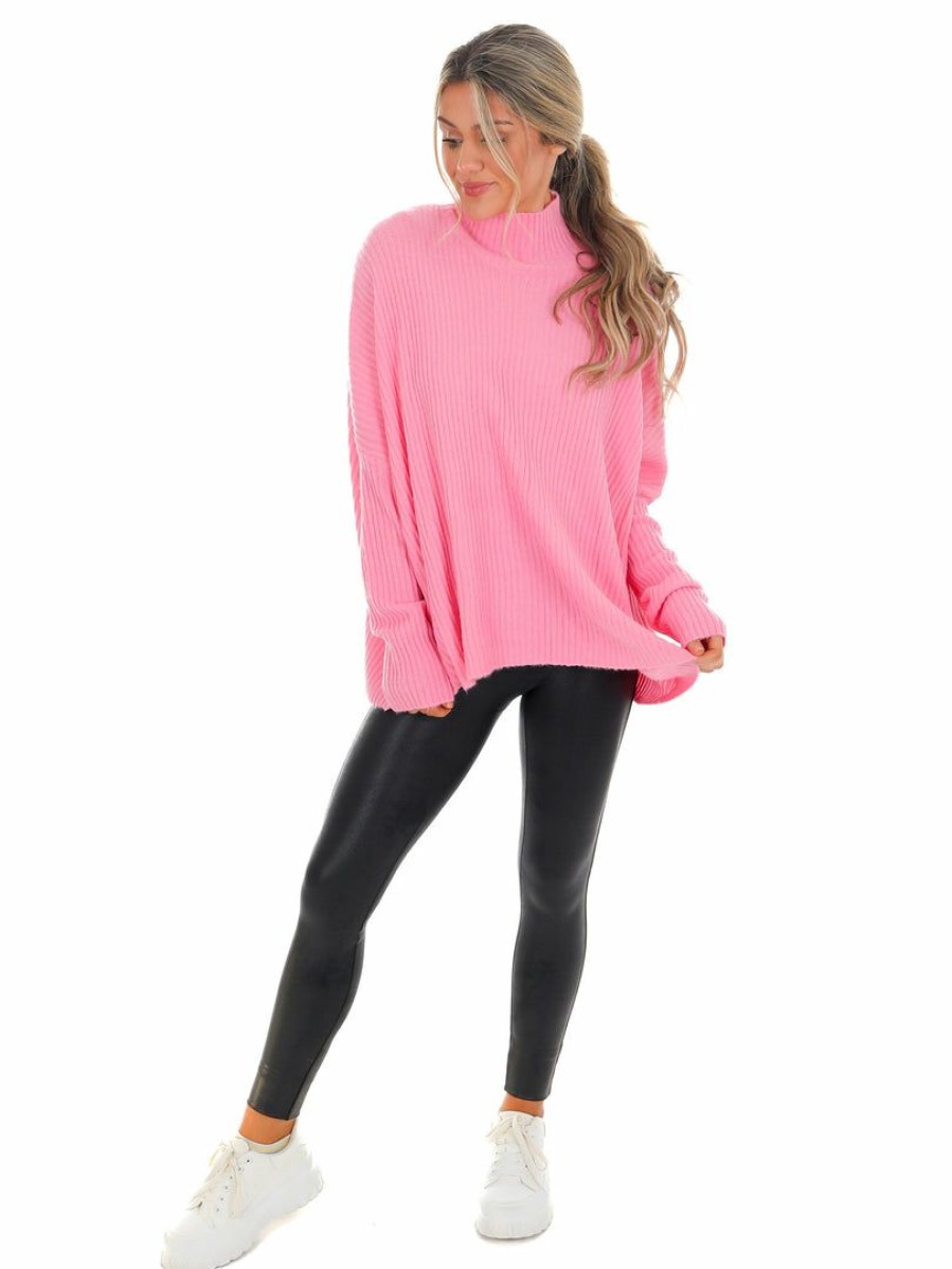 Clothing * | Flash Sale Easel Midnight Rain Mock Neck Sweater Pink