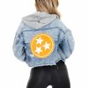 Gameday * | Top 10 Easel Apparel Orange Tri-Star Cropped Denim Hoodie Jacket Washed Denim