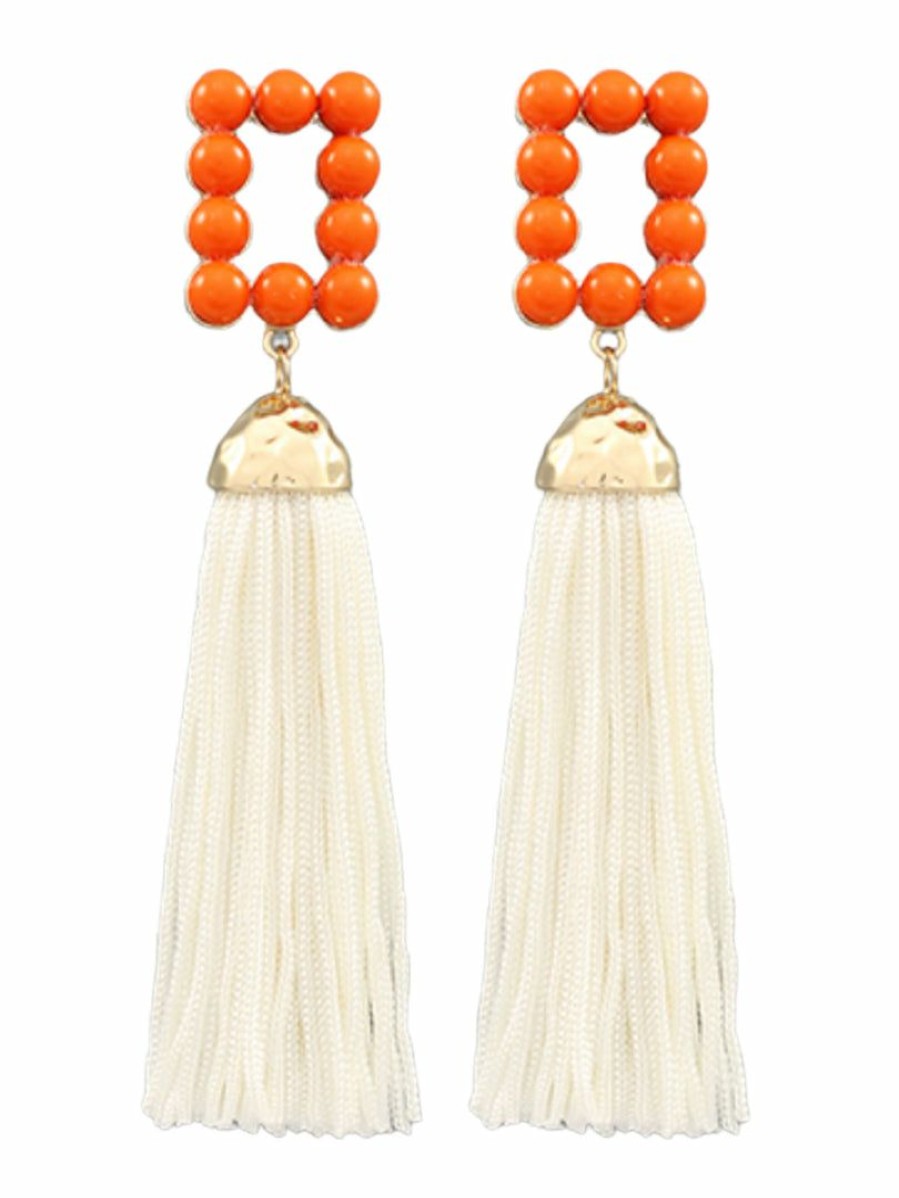 Gameday * | Best Deal Golden Stella Orange Rectangle White Tassel Earrings