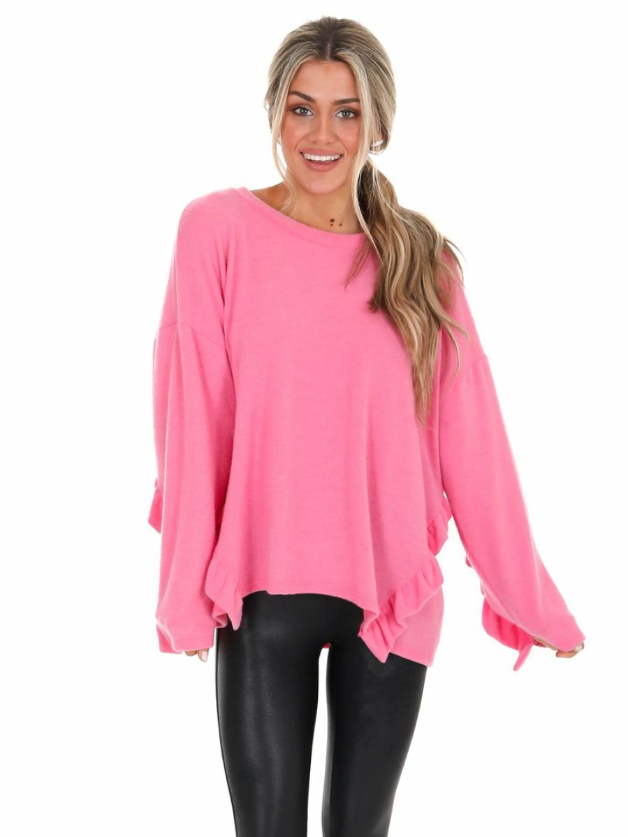 Clothing * | Top 10 Fantastic Fawn To Be Free Loose Fit Ruffle Top Pink