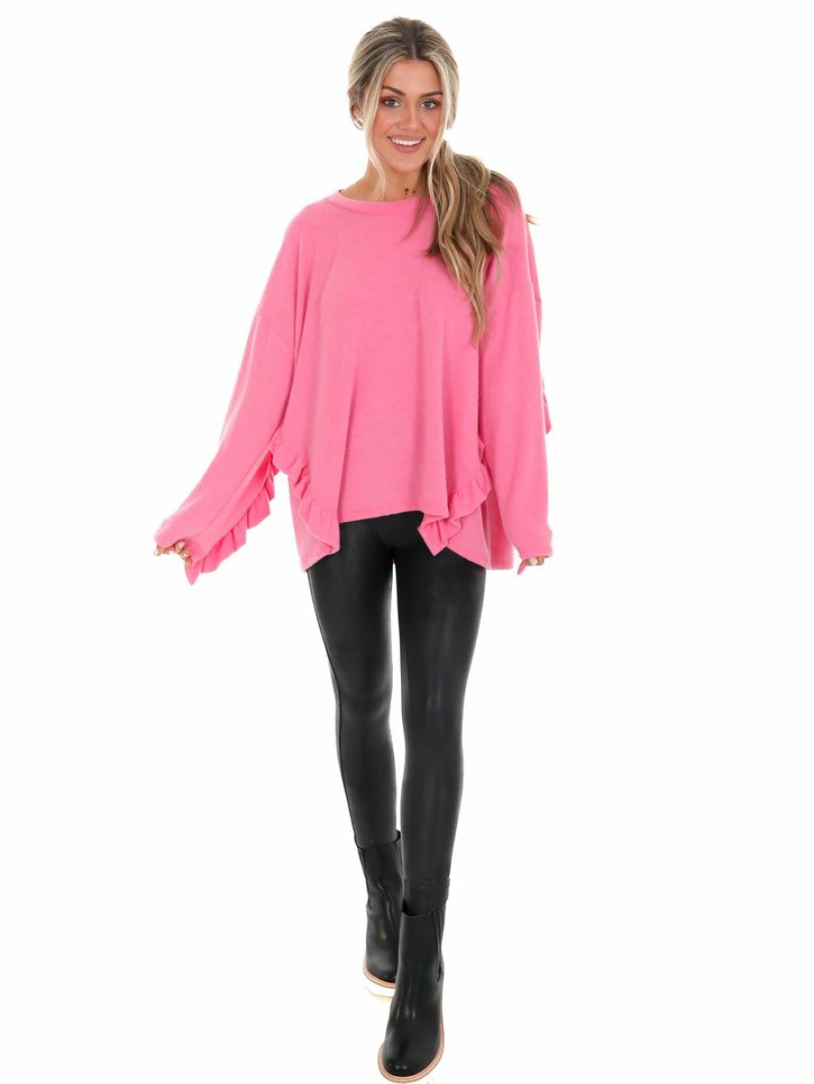 Clothing * | Top 10 Fantastic Fawn To Be Free Loose Fit Ruffle Top Pink