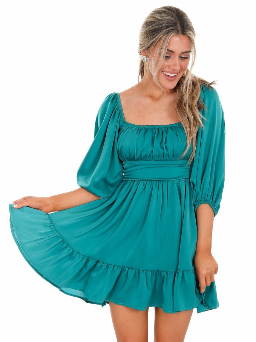 Clothing * | Buy Peach Love California Dresses Happier Than Ever Satin Mini Dress Dark Green