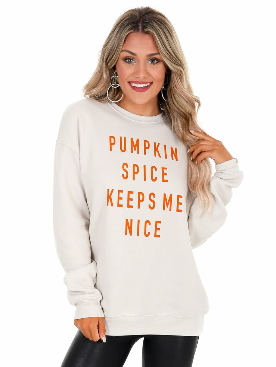 T-Shirts * | Top 10 Oat Collective Pumpkin Spice Keeps Me Nice Pullover Holiday Tees Heather Dust