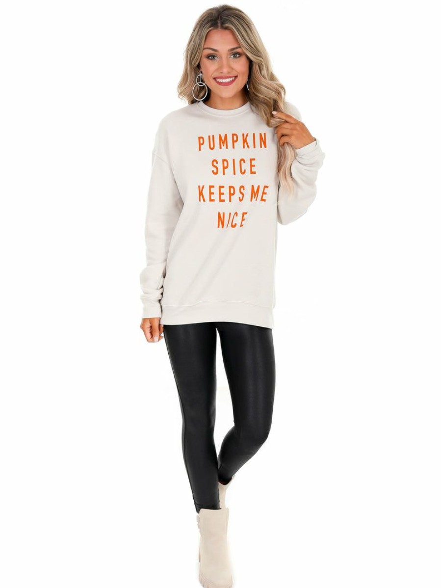 T-Shirts * | Top 10 Oat Collective Pumpkin Spice Keeps Me Nice Pullover Holiday Tees Heather Dust