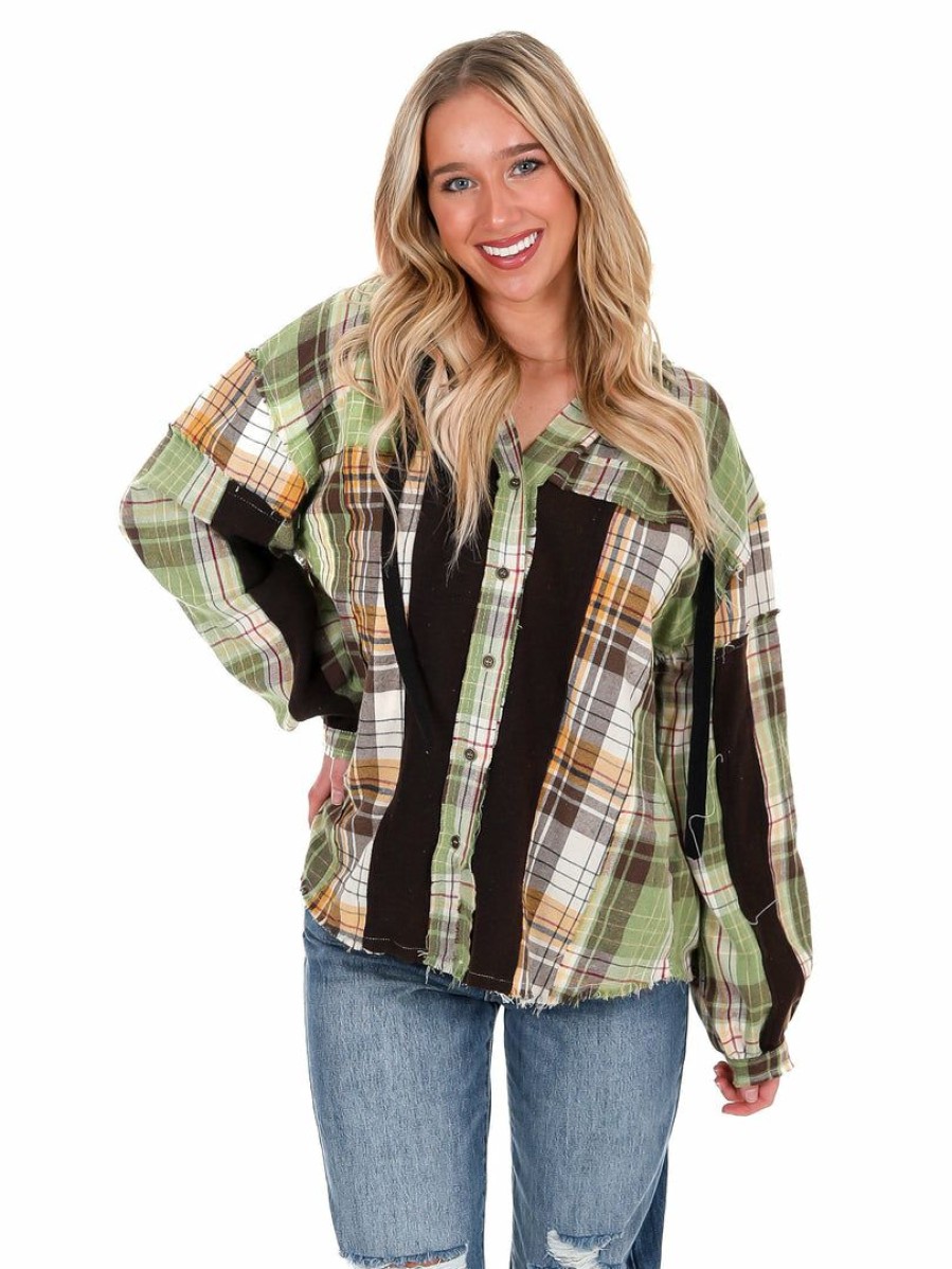 Clothing * | Discount Pol Runaway Love Mixed Plaid Top Green Brown