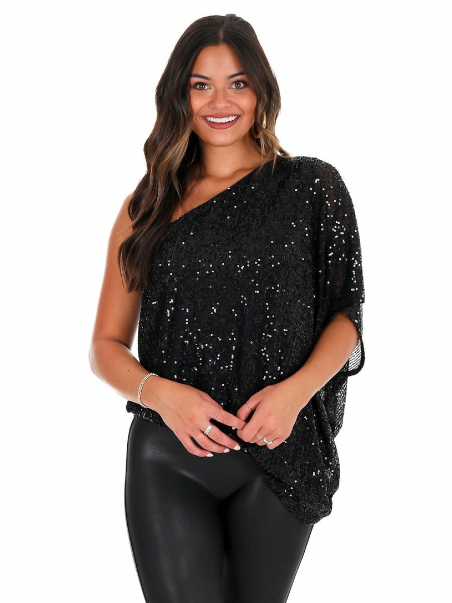 Clothing * | Cheapest Main Strip Tops Rise Up One Shoulder Sequin Top Black