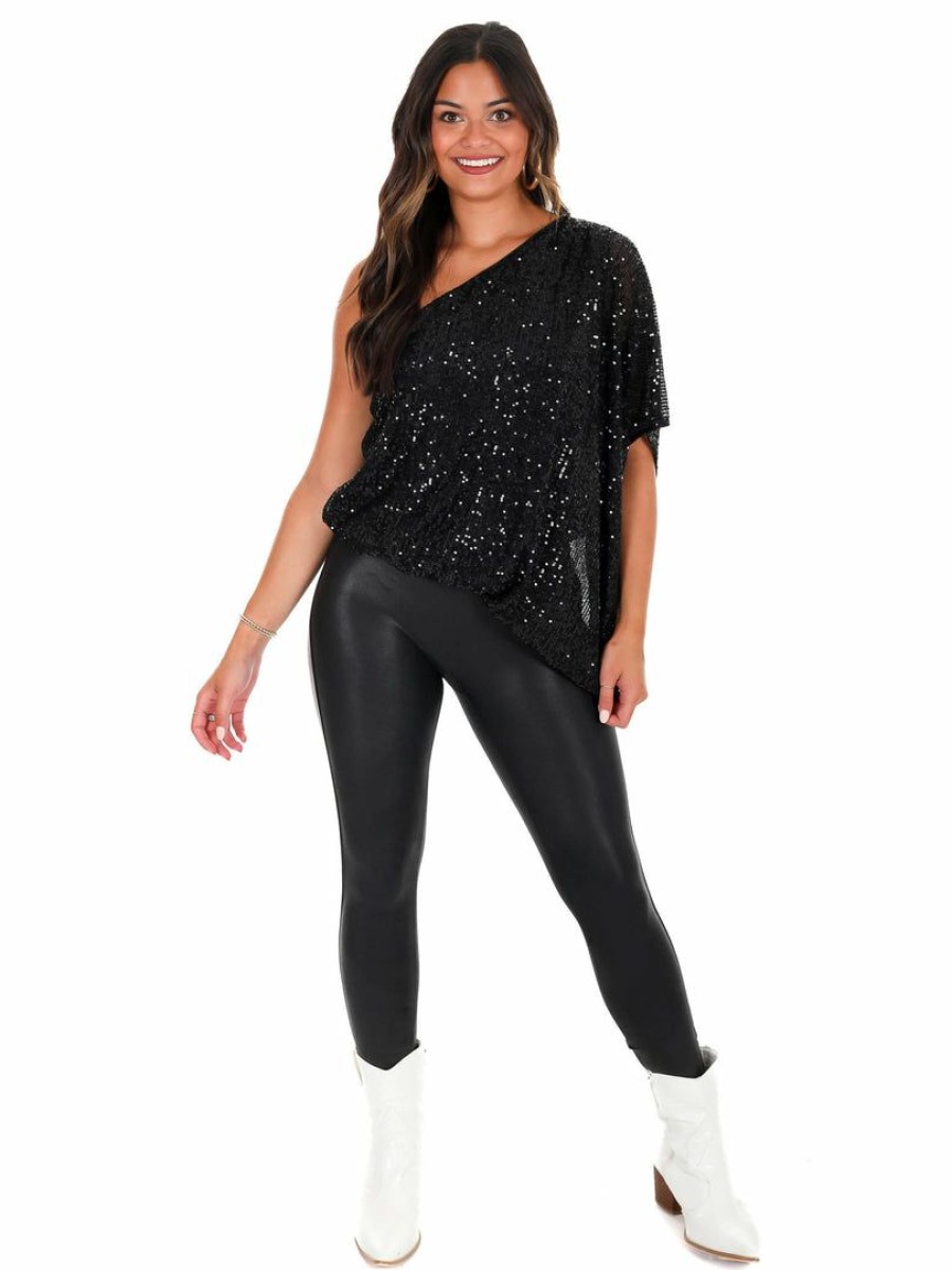 Clothing * | Cheapest Main Strip Tops Rise Up One Shoulder Sequin Top Black