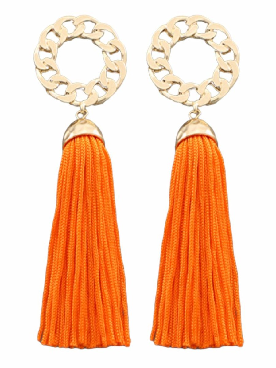 Gameday * | Cheapest Golden Stella Jewelry Chain Circle And Orange Tassel Earrings