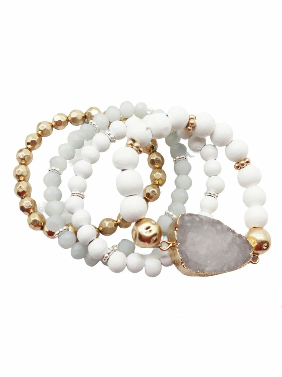 Gameday * | Best Reviews Of Jewelry Layered Druzy & Wood Beaded Stack Bracelet