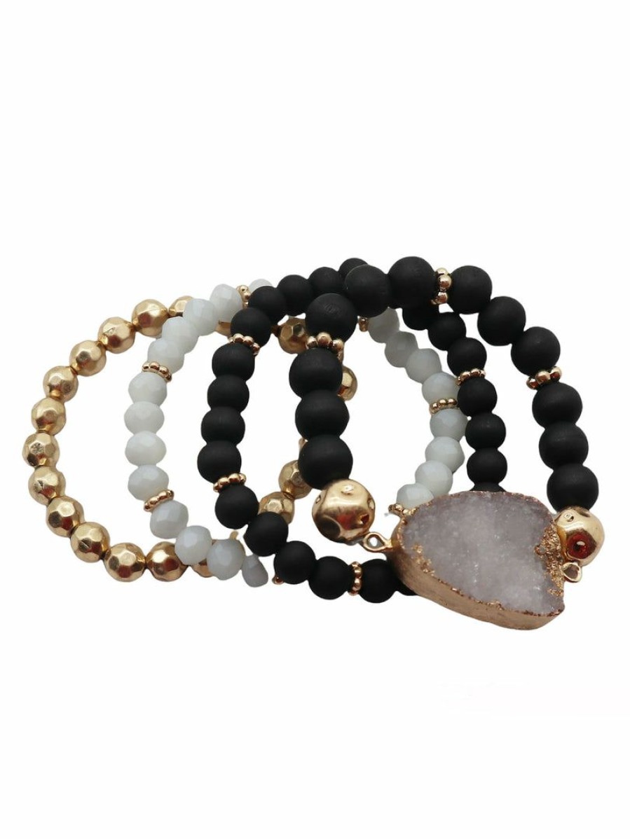 Gameday * | Best Reviews Of Jewelry Layered Druzy & Wood Beaded Stack Bracelet