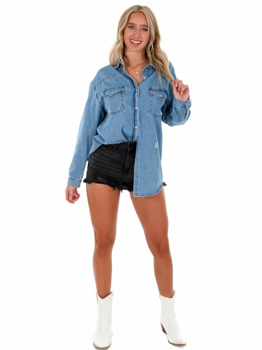 Clothing * | Promo Risen Jeans Tops Something About You Denim Shirt Medium