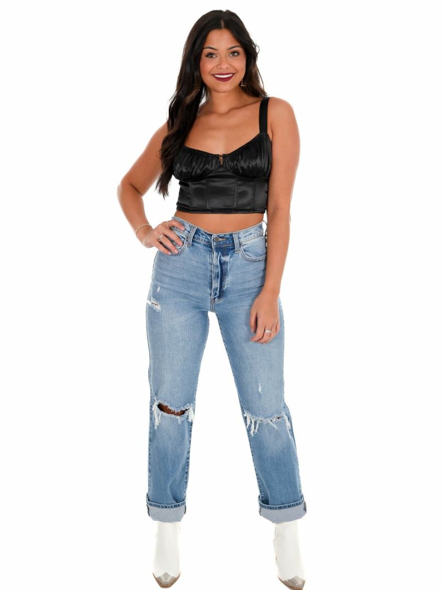 Clothing * | Best Deal Blue Blush Lights Out Satin Crop Top Black