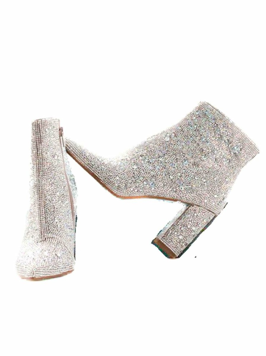 Gameday * | Best Sale Miim Footwear Christine Full Rhinestone Block Heel Booties Silver