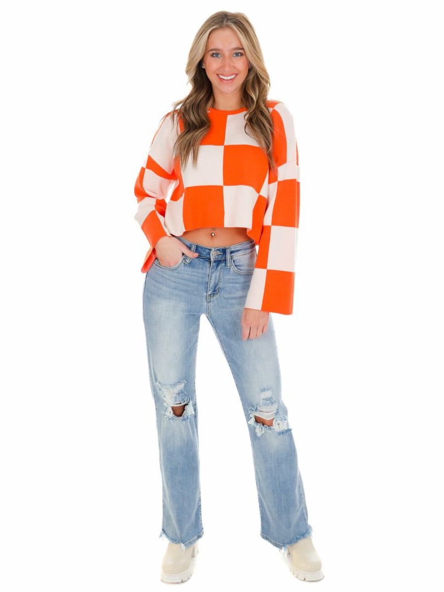 Clothing * | Cheap Crescent Hold Me Closer Checkered Top Tops Orange