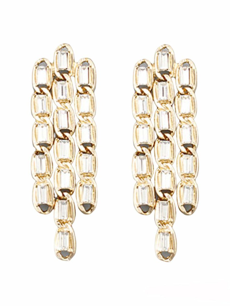 Gameday * | Brand New Golden Stella 3 Row Crystal Chain Earrings