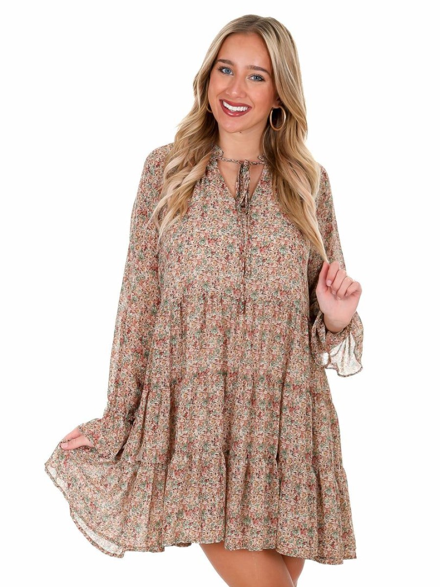 Clothing * | Hot Sale Illa Illa Dresses Half Of Me Floral Ruffle Dress Taupe Multi