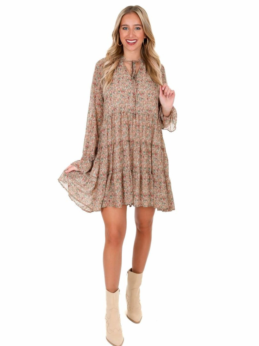 Clothing * | Hot Sale Illa Illa Dresses Half Of Me Floral Ruffle Dress Taupe Multi