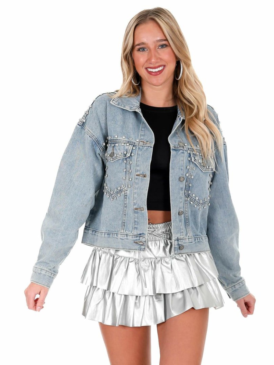 Clothing * | Coupon Veveret Complicated Rhinestone Denim Jacket Outerwear Medium Wash