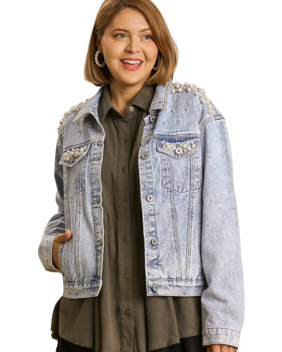 Curvy Girl * | Top 10 Apparel-Curvy Girl Curvy Just A Girl Pearl Denim Jacket Light Denim