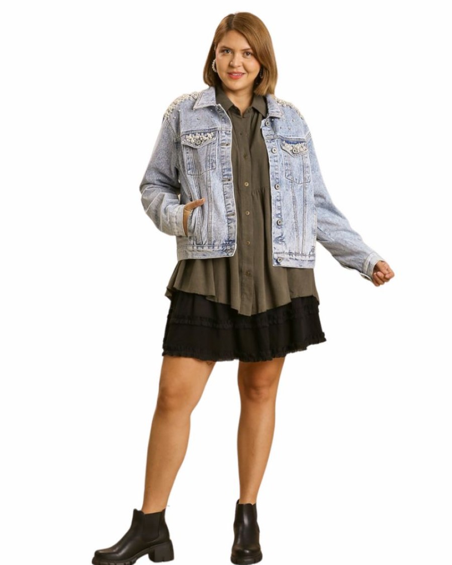 Curvy Girl * | Top 10 Apparel-Curvy Girl Curvy Just A Girl Pearl Denim Jacket Light Denim