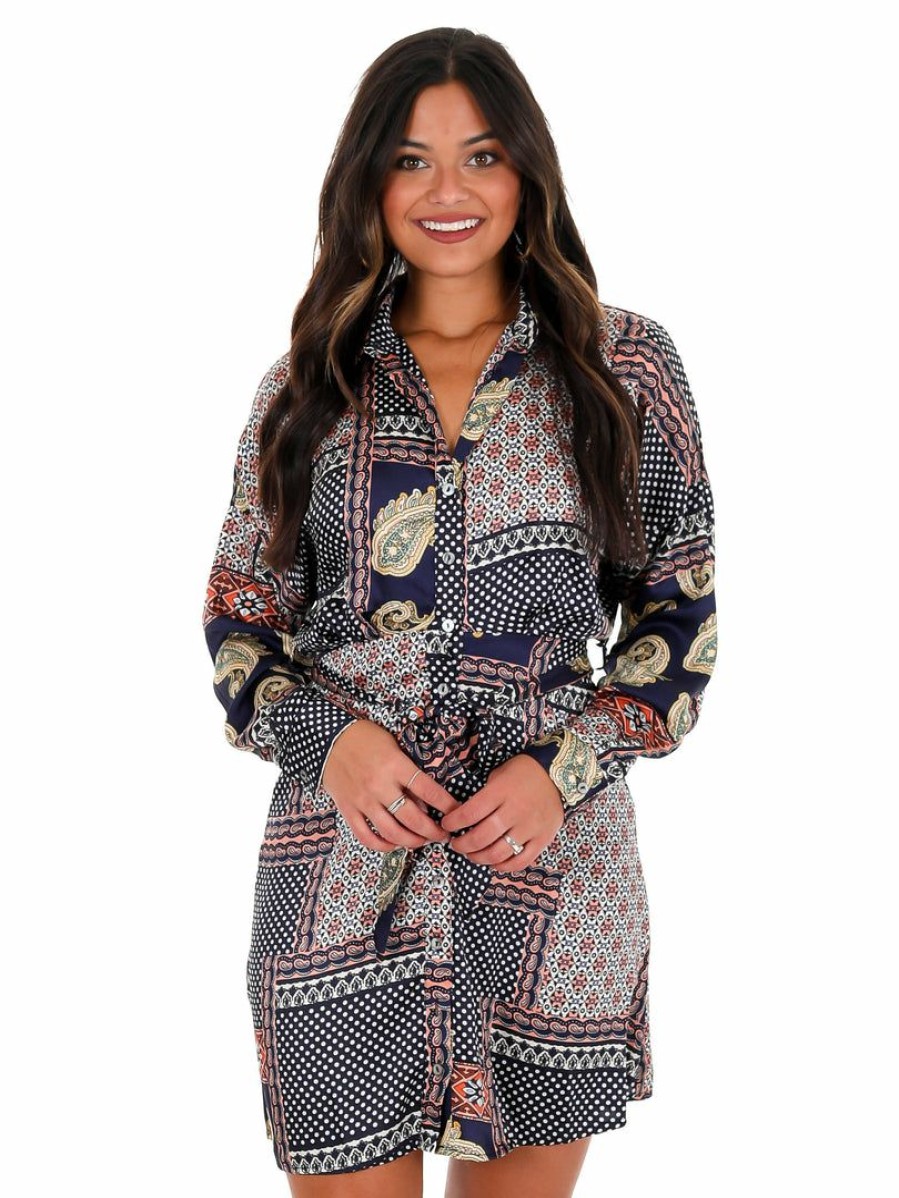 Clothing * | Wholesale She + Sky Looks So Perfect Print Button Down Dress Dresses Navy