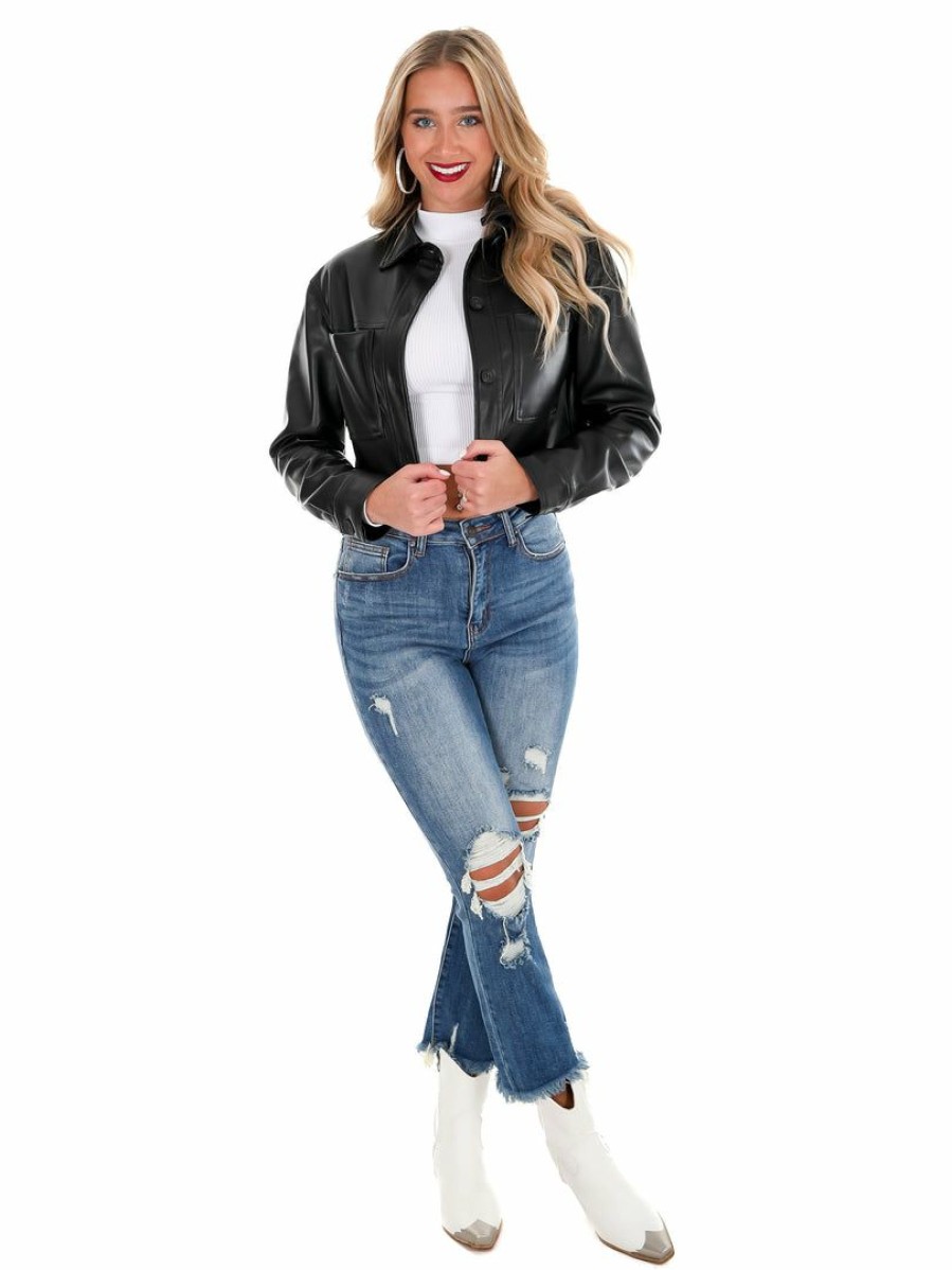 Clothing * | New Aaron & Amber Pretty Please Cropped Leather Jacket Tops Black