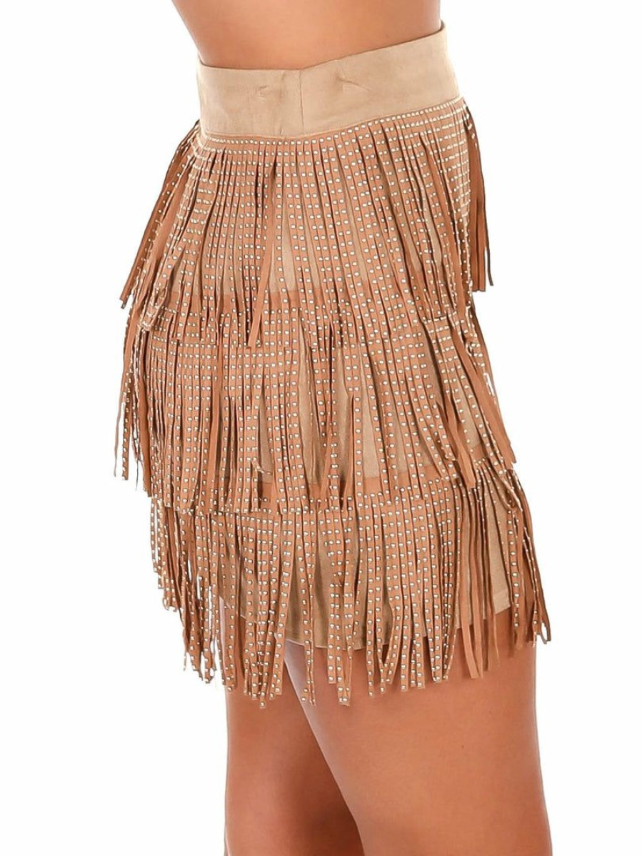 Clothing * | Best Deal Blue B My Own Way Studded Fringe Mini Skirt Camel