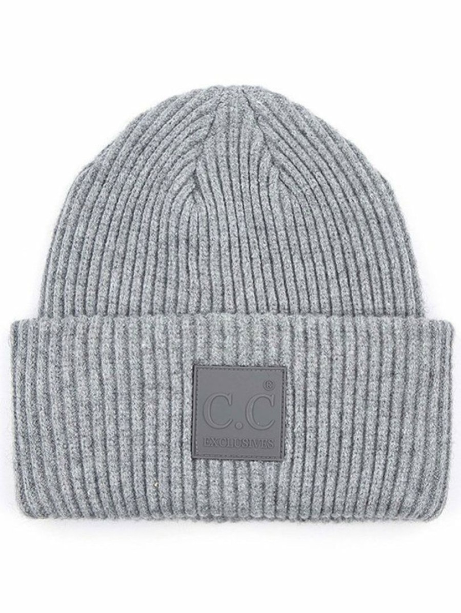 Gameday * | Cheapest Accessories Light Melange Grey Solid Ribbed Knit Cuff Beanie Featuring C.C. Rubber Patch