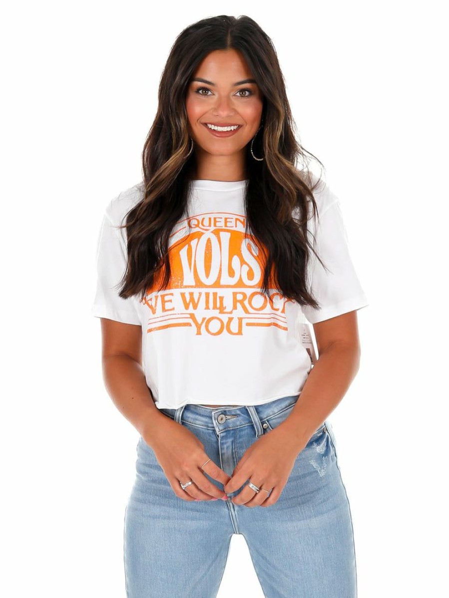 Gameday * | Buy Livy Lu Graphic Tees Queen Volunteers Will Rock You Cropped Tee White