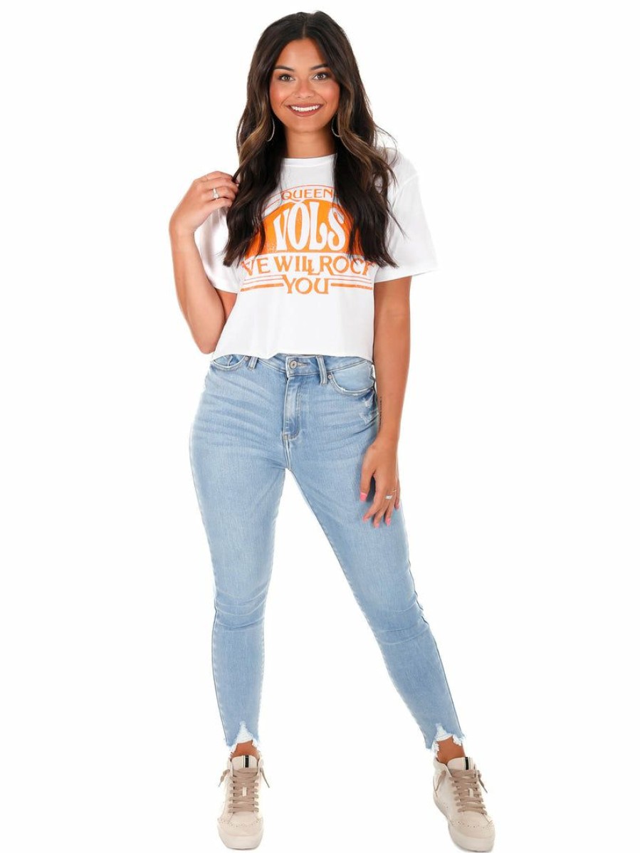 Gameday * | Buy Livy Lu Graphic Tees Queen Volunteers Will Rock You Cropped Tee White