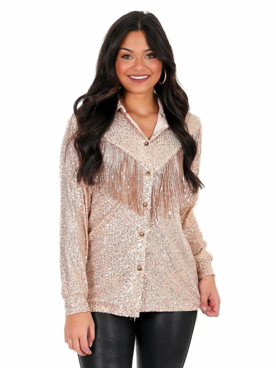 Clothing * | Promo Blue B Like A Cowgirl Sequin Fringe Top Tops Gold