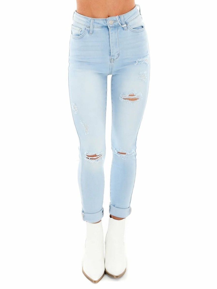 Clothing * | Flash Sale Cello Latest Trends Light High Rise Destroy Ankle Skinny Jean Light Denim