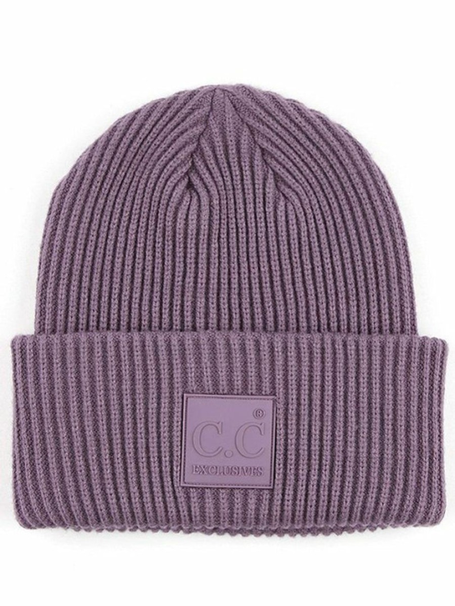 Gameday * | Discount Accessories Violet Solid Ribbed Knit Cuff Beanie Featuring C.C. Rubber Patch