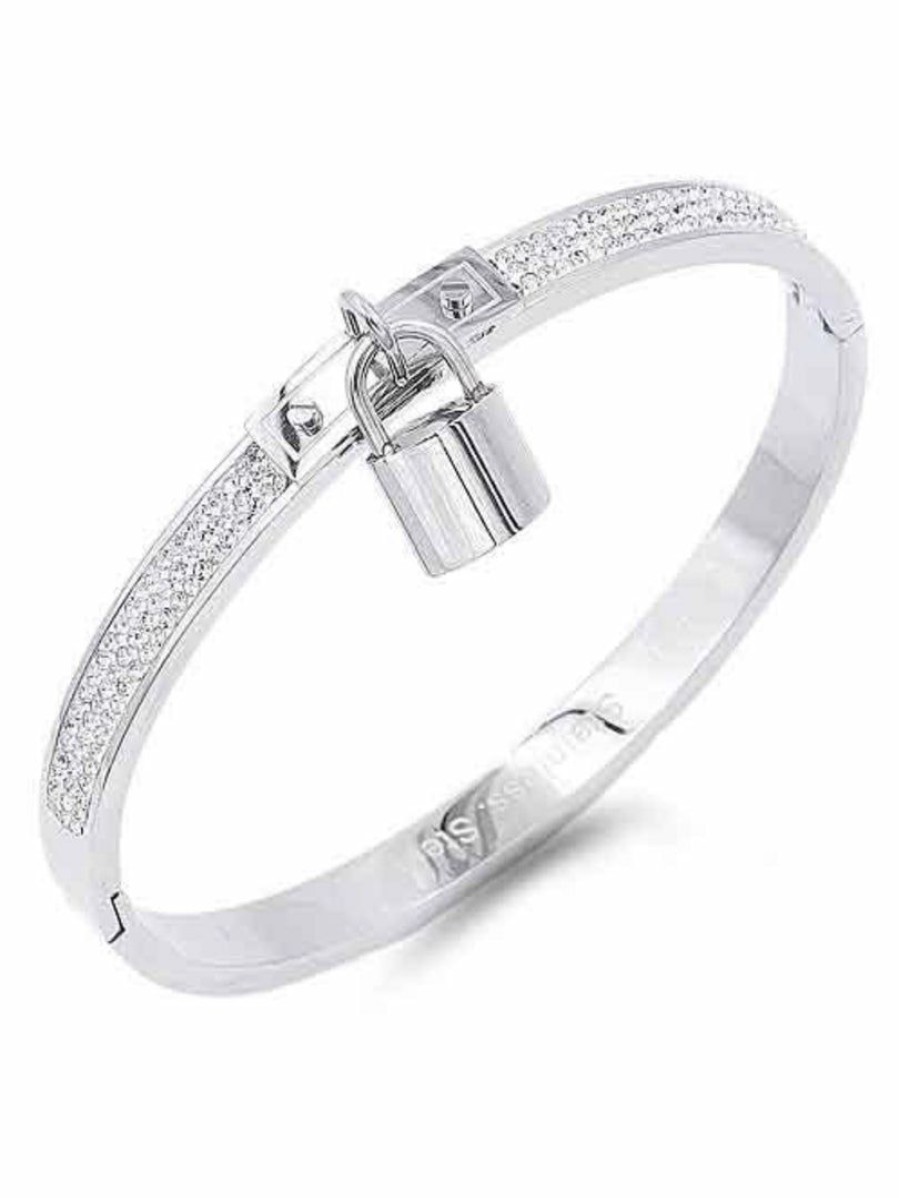 Gameday * | Deals Impression Costume Jewelry Plated Stainless Steel Cz Stone Bangle Bracelet With Lock