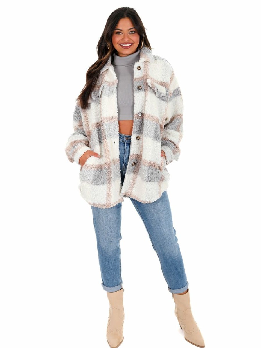 Clothing * | Deals Illa Illa Speechless Teddy Plaid Shacket Outerwear