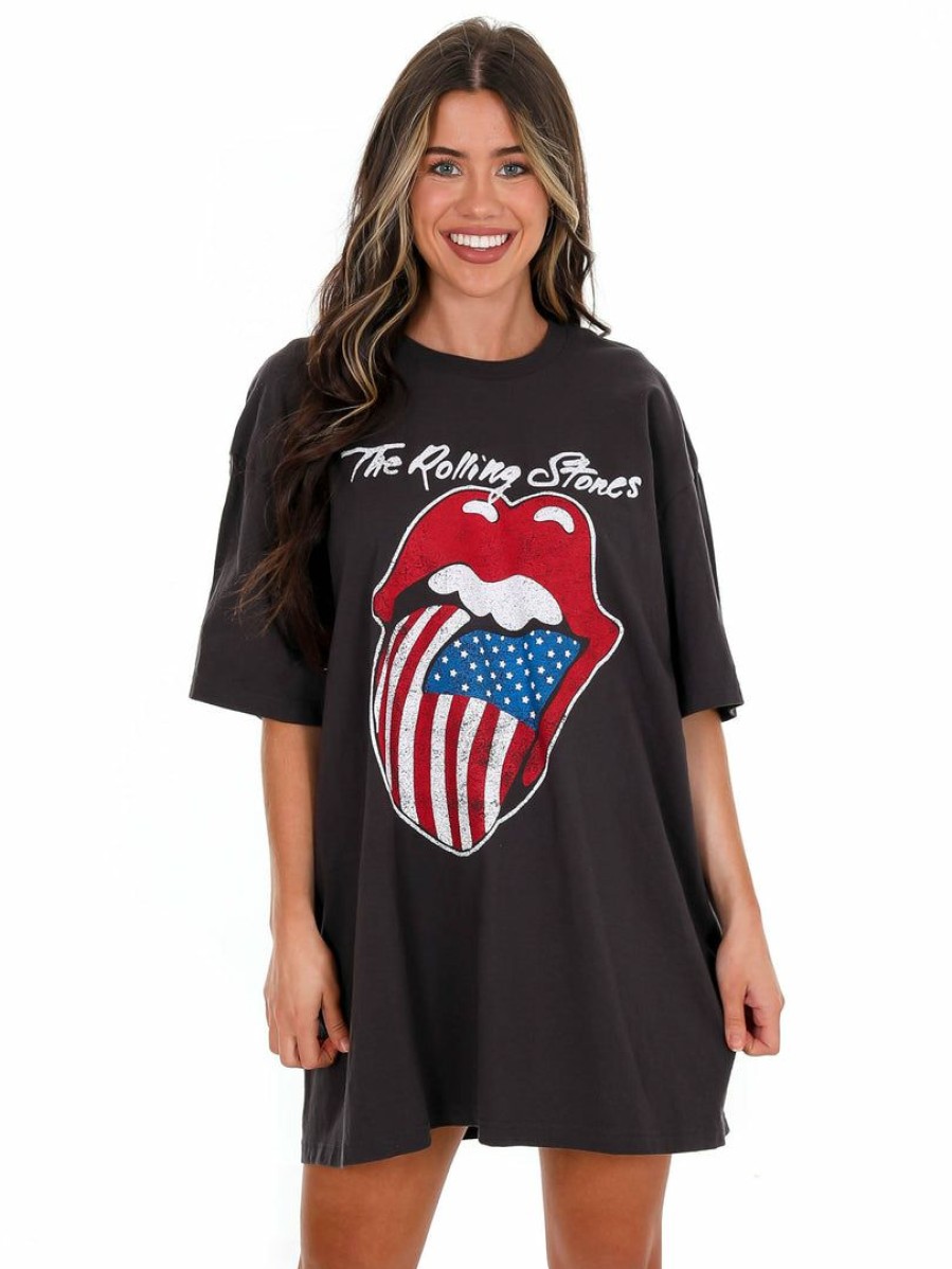 T-Shirts * | Flash Sale Livy Lu Rolling Stones Usa Flag Lick Off Oversized Distressed Tee Black