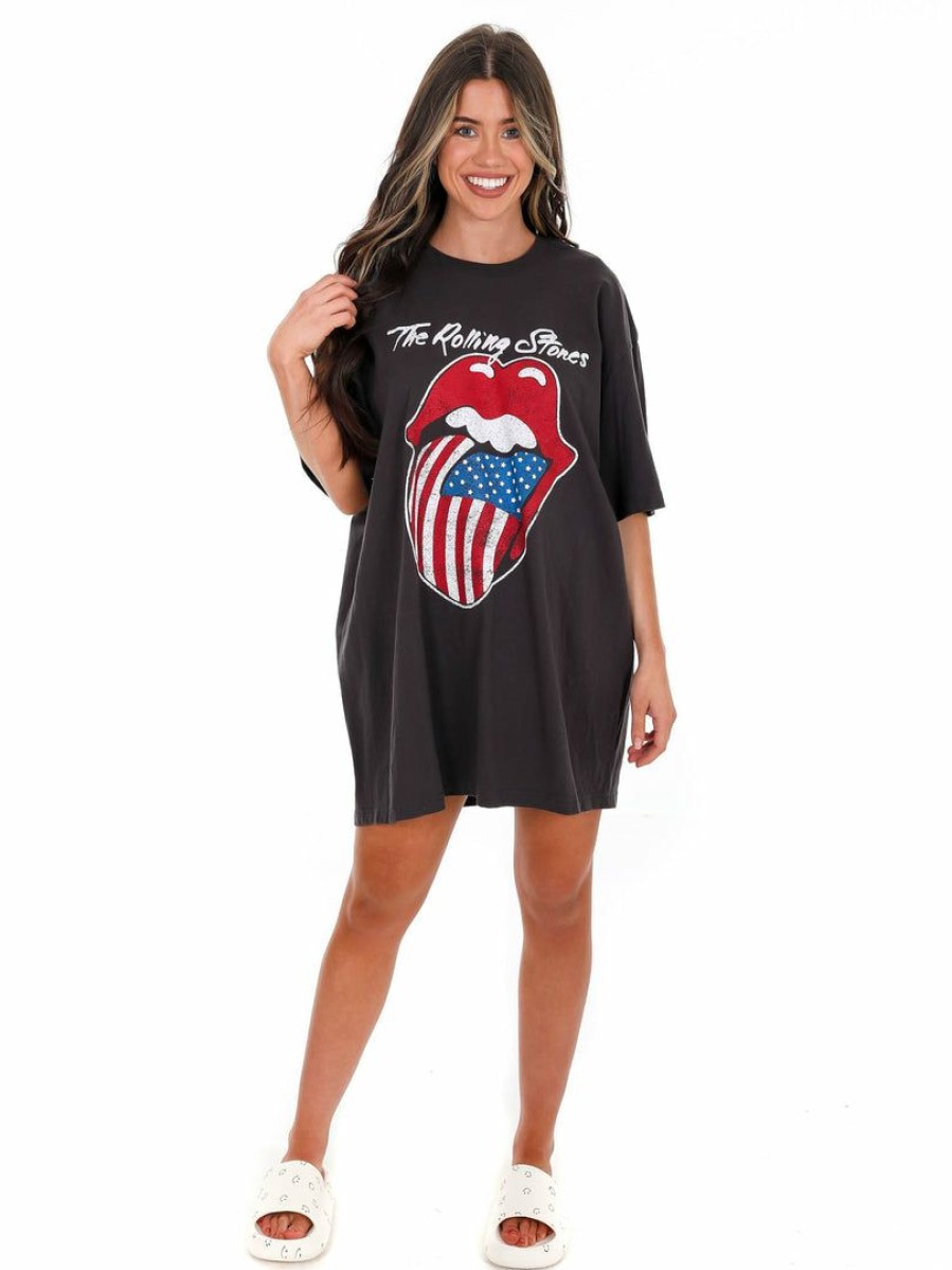 T-Shirts * | Flash Sale Livy Lu Rolling Stones Usa Flag Lick Off Oversized Distressed Tee Black