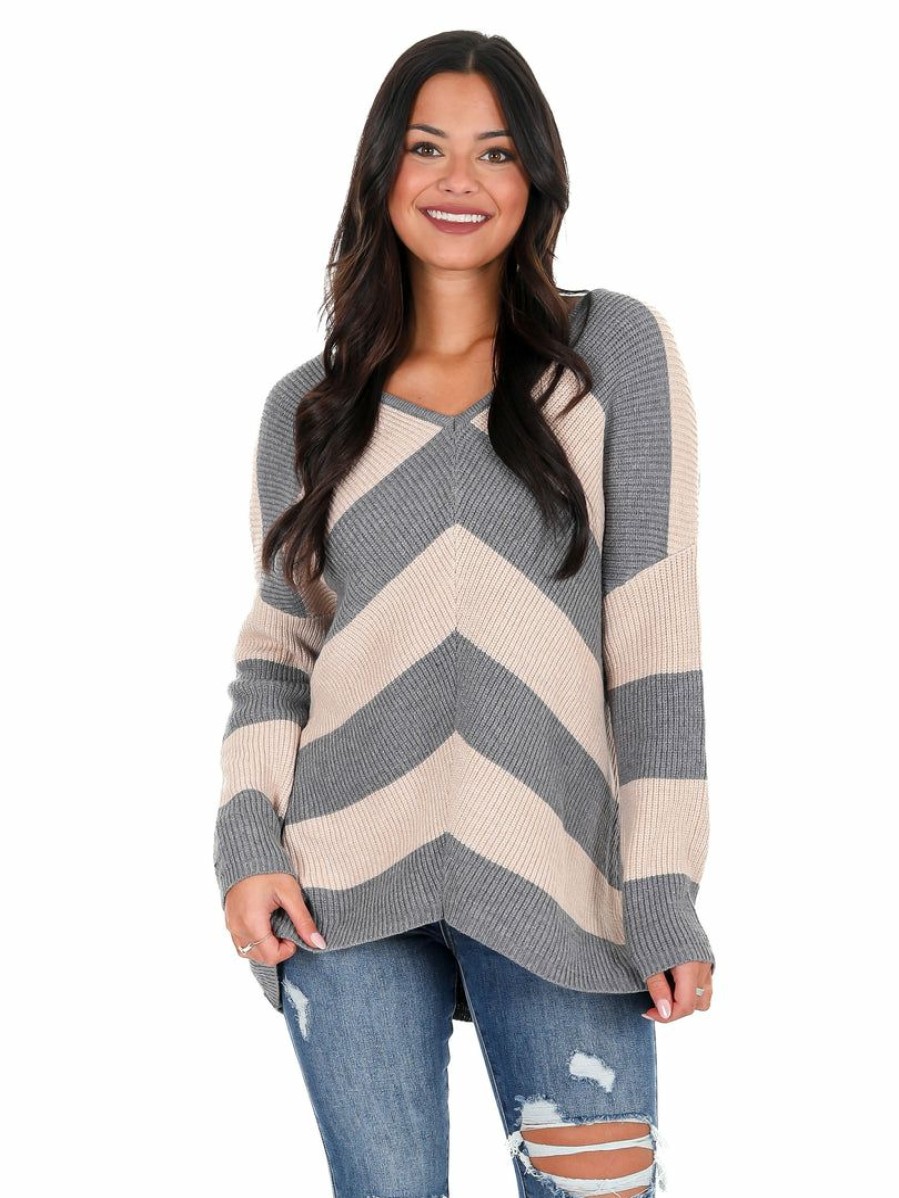 Clothing * | Cheap Miracle Left And Right Chevron Sweater Beige/Grey