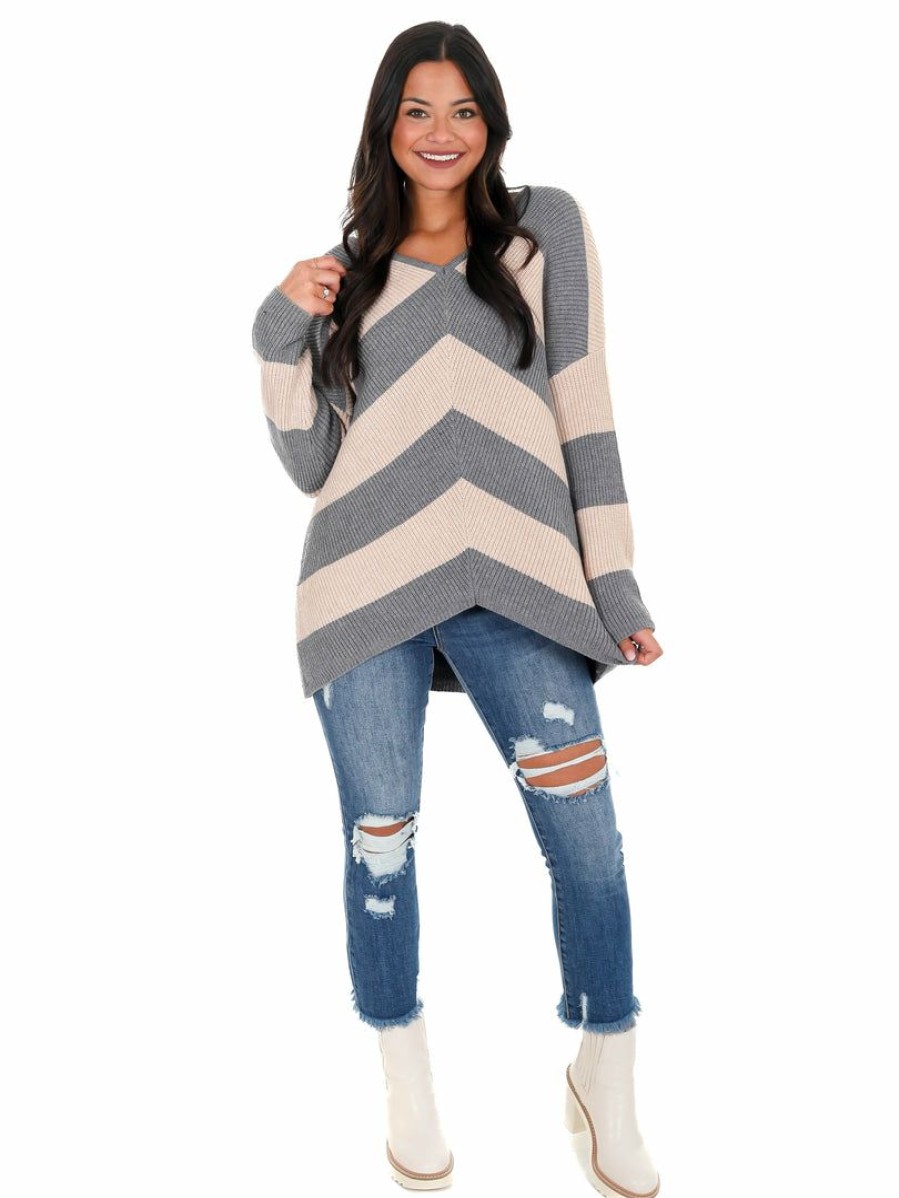 Clothing * | Cheap Miracle Left And Right Chevron Sweater Beige/Grey