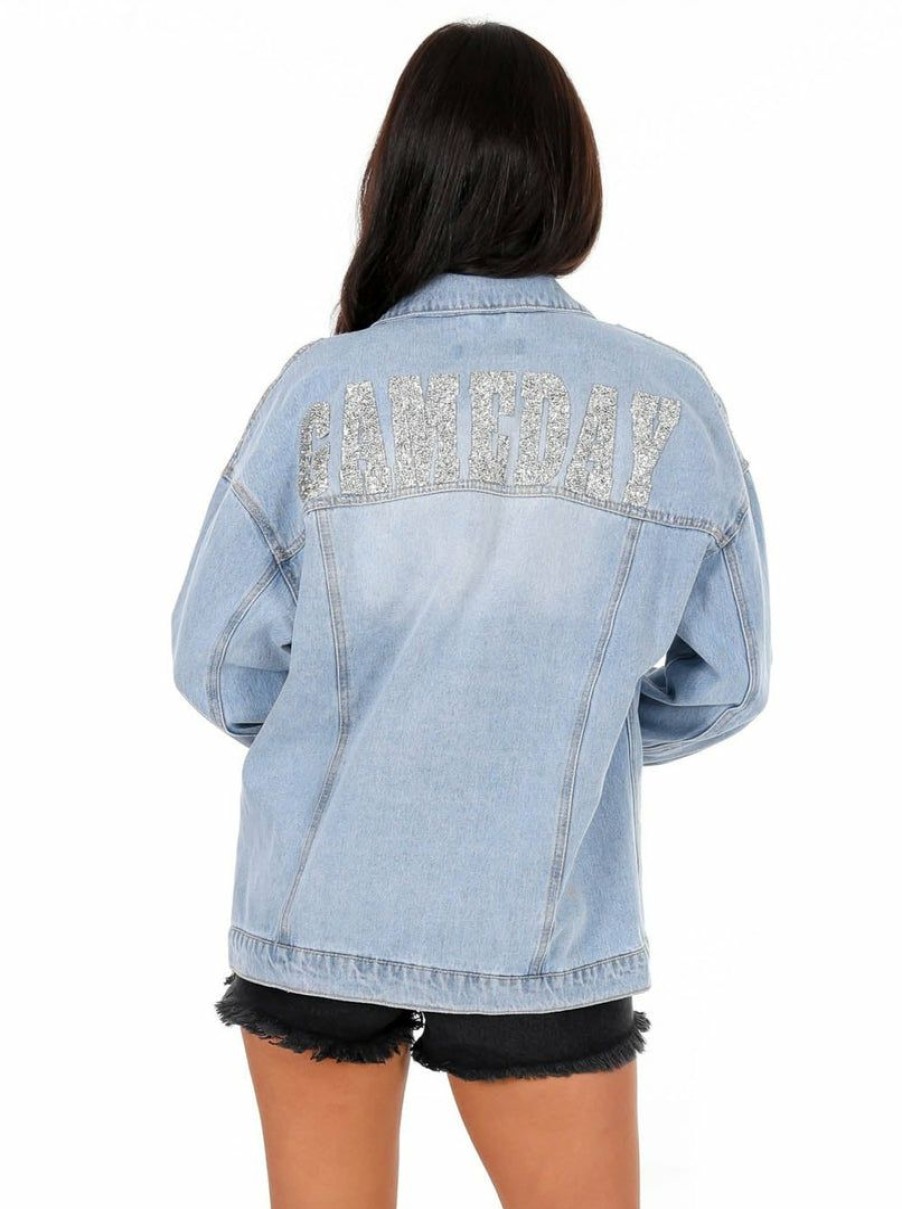 Gameday * | Budget Love Tree Diamond Gameday Denim Jacket Light Blue