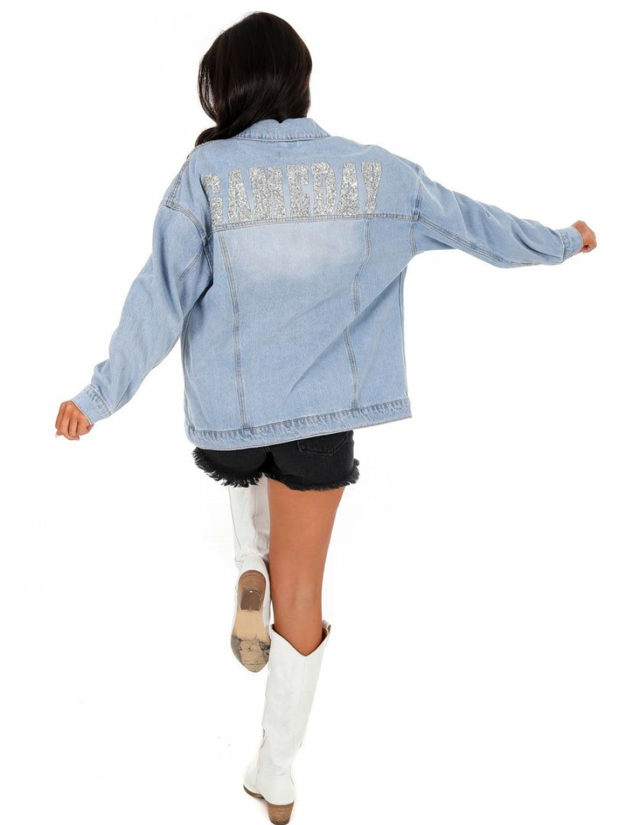 Gameday * | Budget Love Tree Diamond Gameday Denim Jacket Light Blue