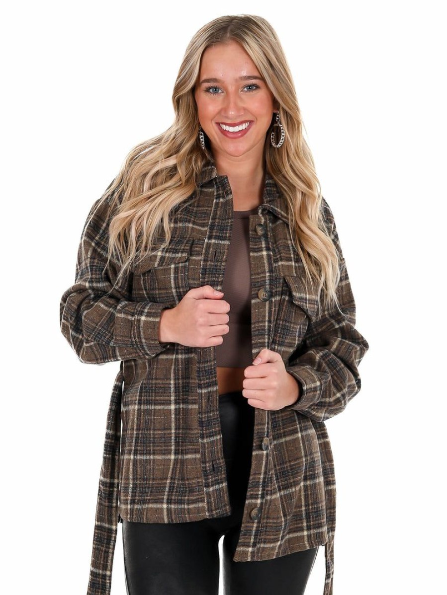 Clothing * | Best Reviews Of Hyfve Totally Flirty Plaid Belted Shacket Tops