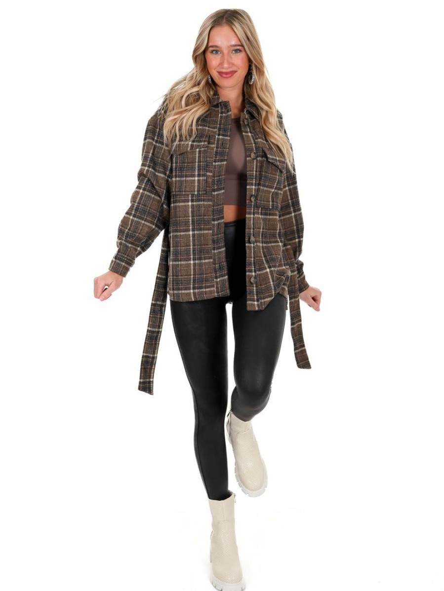 Clothing * | Best Reviews Of Hyfve Totally Flirty Plaid Belted Shacket Tops