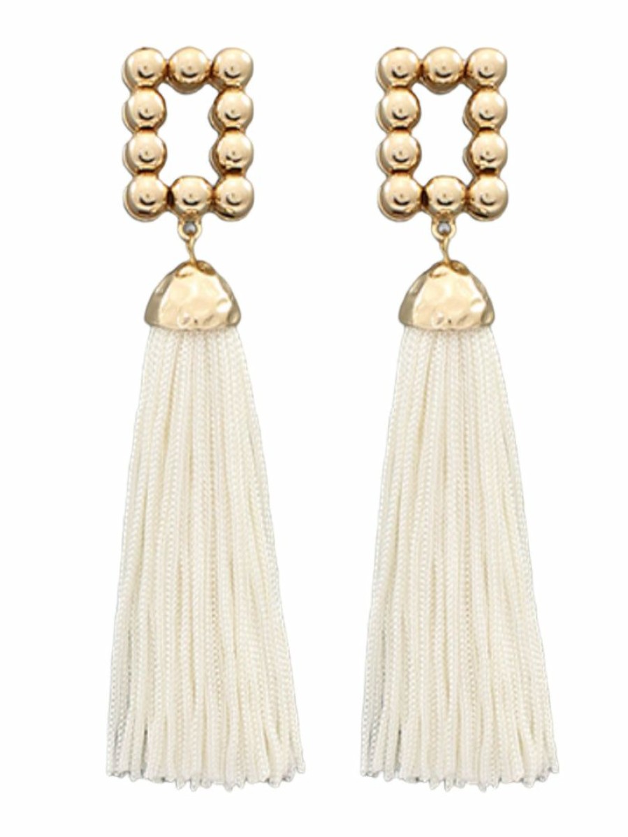 Gameday * | Best Reviews Of Golden Stella Gold Rectangle White Tassel Earrings Jewelry