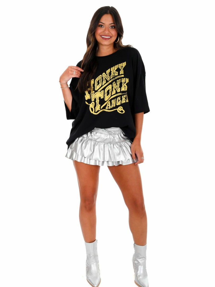 T-Shirts * | Cheapest Livy Lu Honky Tonk Angel Oversized Tee Black