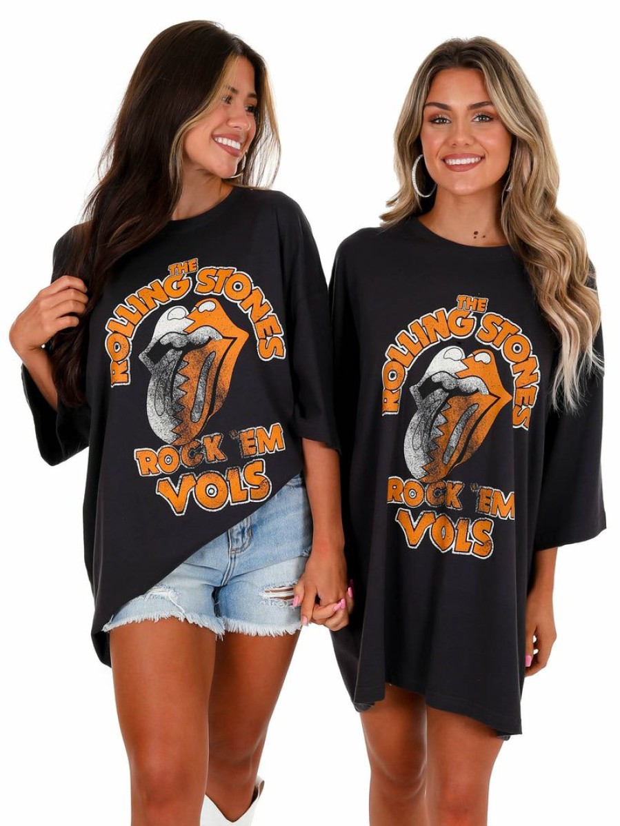 Gameday * | Buy Livy Lu Rolling Stones Rock 'Em Vols Oversized Distressed Tee Black